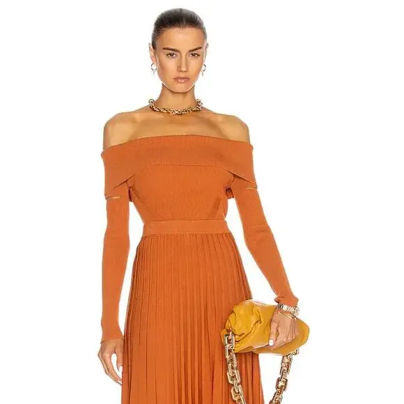 New Jonathan Simkhai Zayla Compact Knit Off Shoulder Sweater in Tobacco Size L